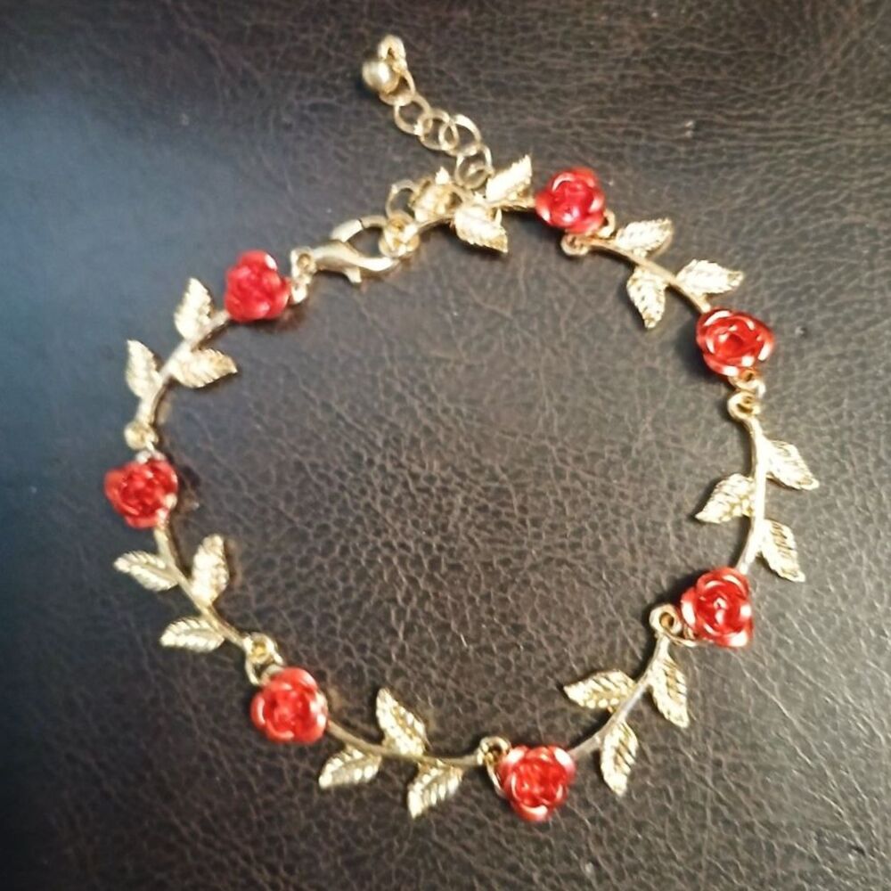 Red Roses Bracelet Shiny Gold Leaves Adjustable Bracelet